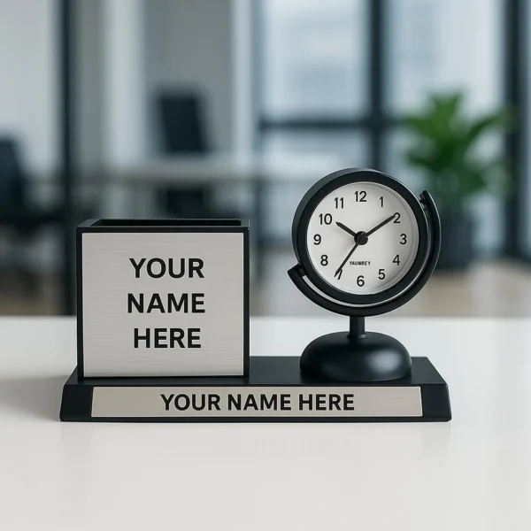 Elite Desk Companion – Personalized Clock Pen Stand