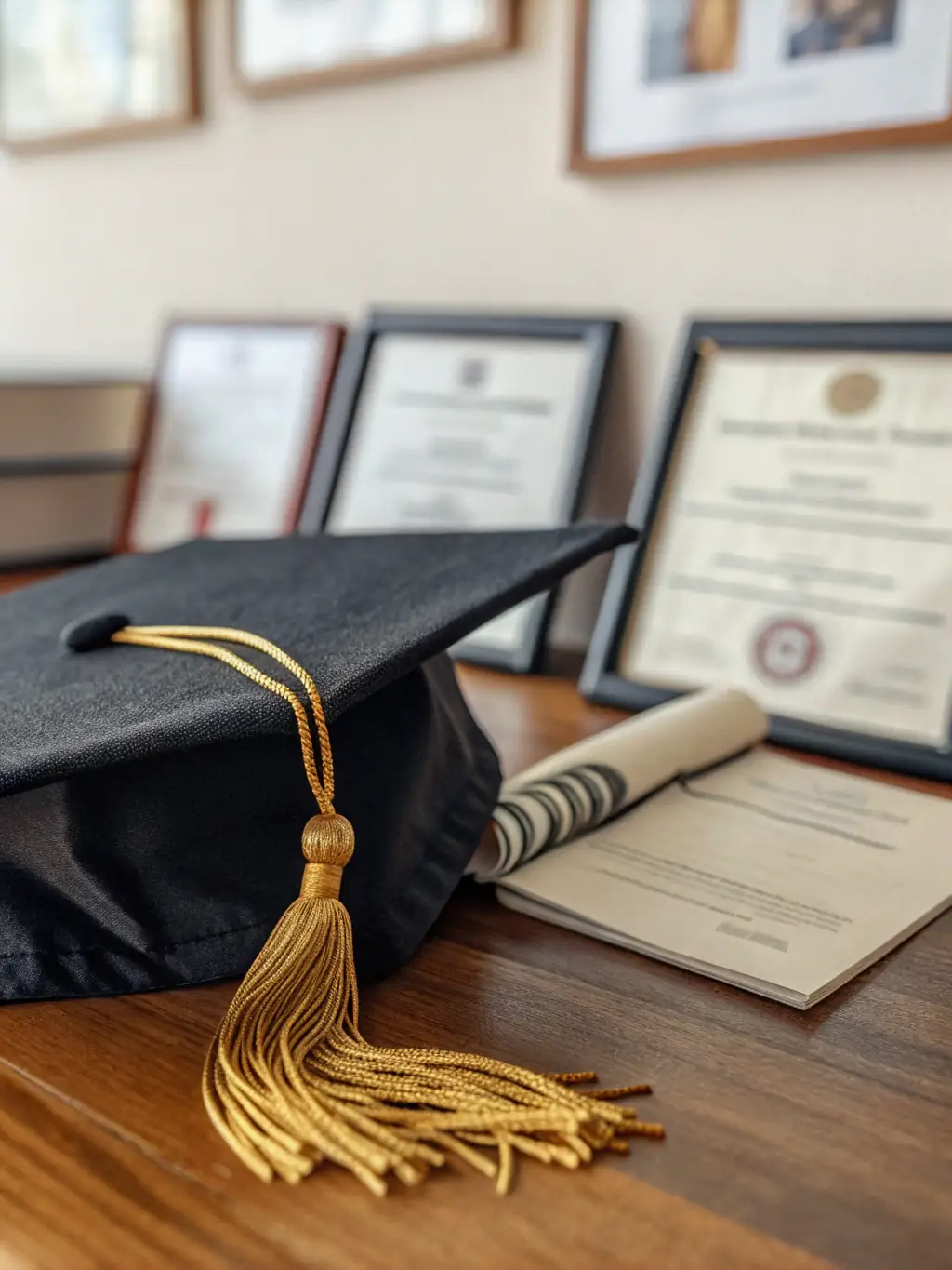 A graduation-themed gift set featuring a diploma frame, a personalized pen, and a congratulatory card, arranged on a desk with books.