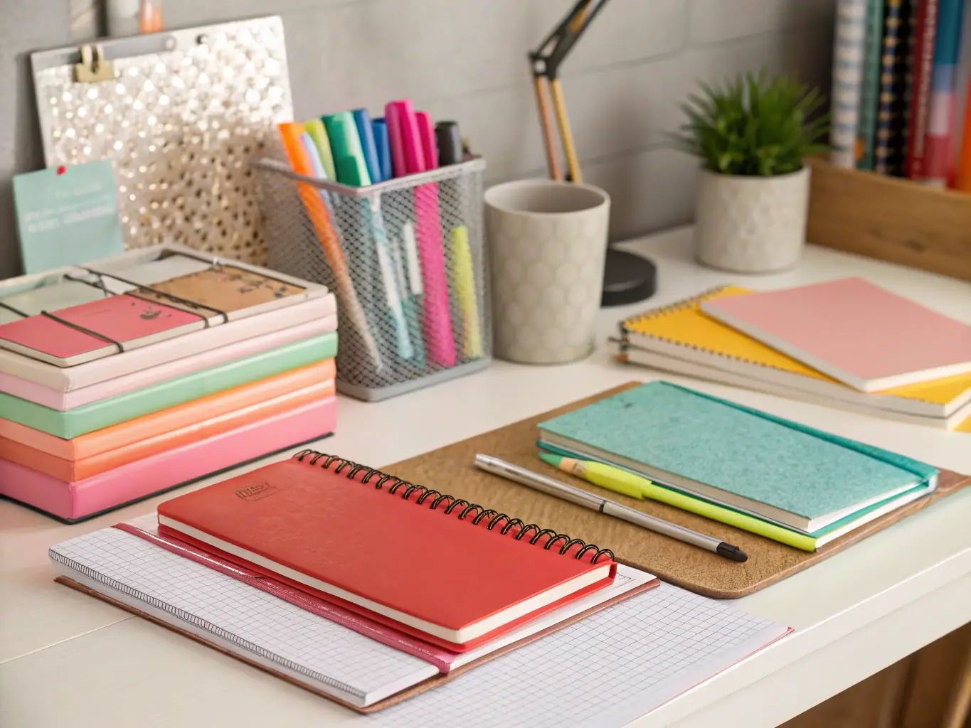 A high-quality photograph showcasing a selection of elegant corporate gifts, such as a personalized pen set, a leather-bound notebook, and a stylish desk organizer, arranged on a modern office desk.